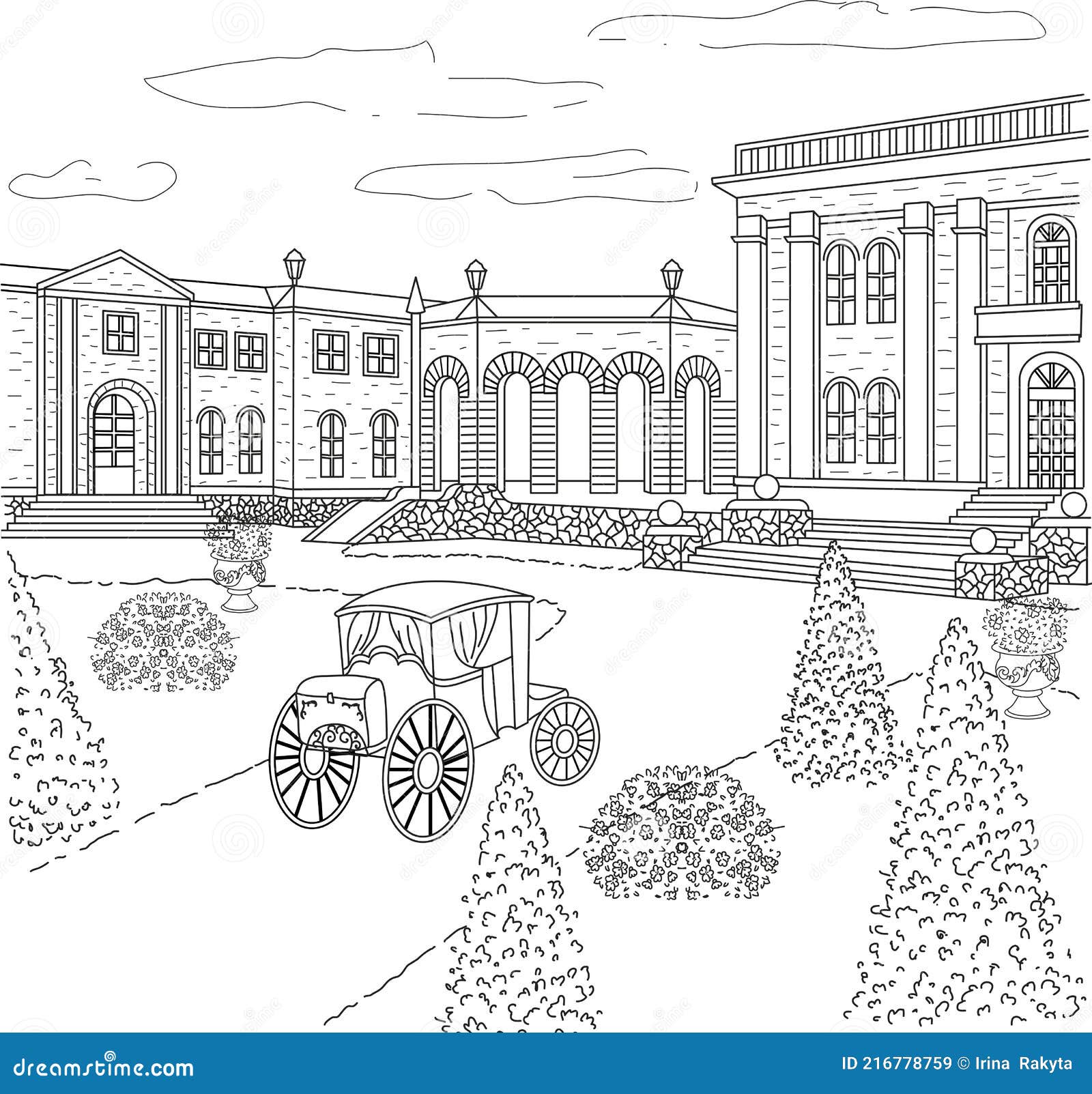retro palace line art coloring page, classicism residence hand-drawn , architecture cityscape